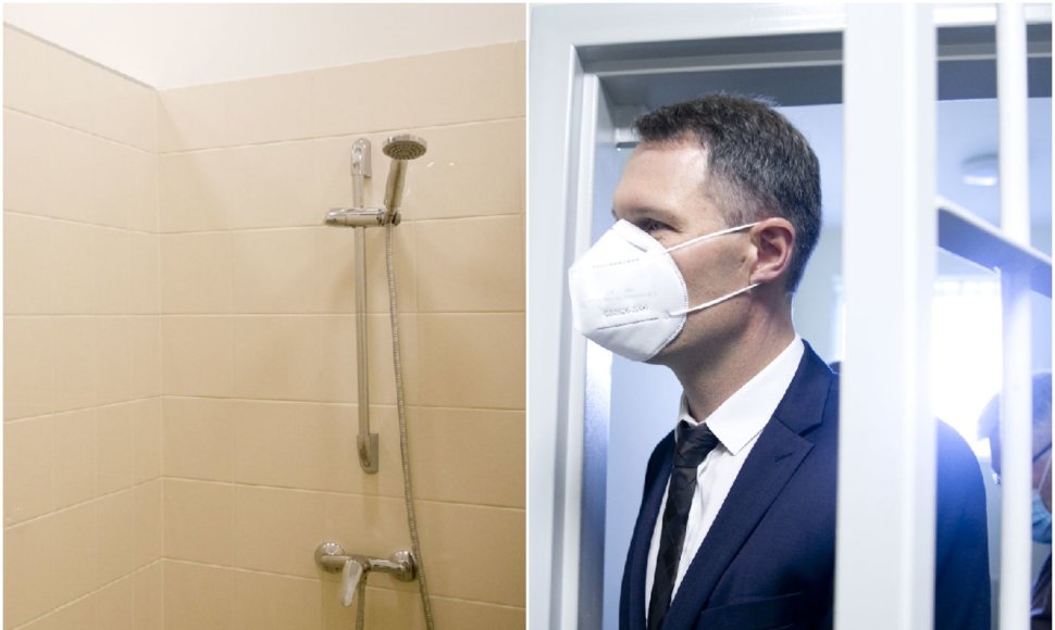 Atnaujinamuose Vilniaus pataisos namuose ministras E.Jankevičius teigiamai įvertino tardymo izoliatoriaus dušus.