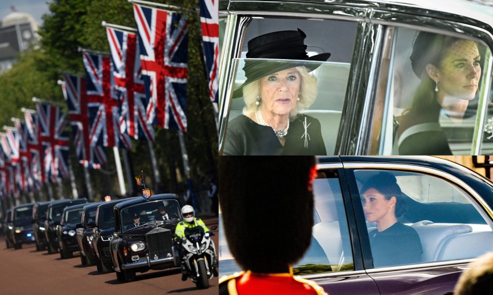 Elizabeth II karsto palydų procesijoje hercogienės Catherine ir Meghan važiavo atskirai
