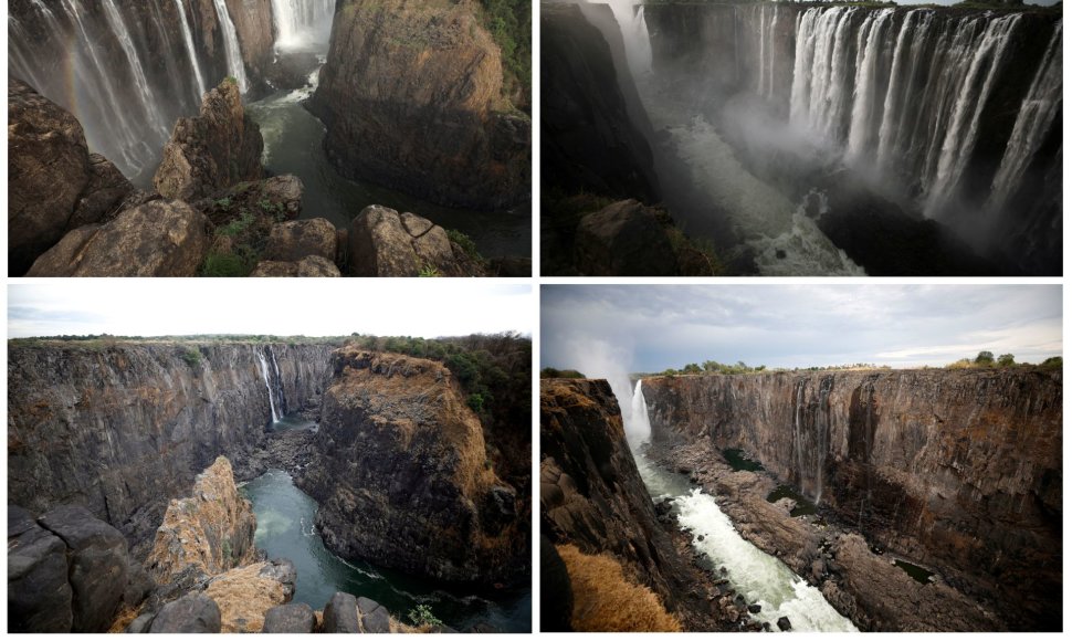 Viktorijos krioklys Zimbabvėje 2019 m. sausį (viršuje) ir gruodį (apačioje)