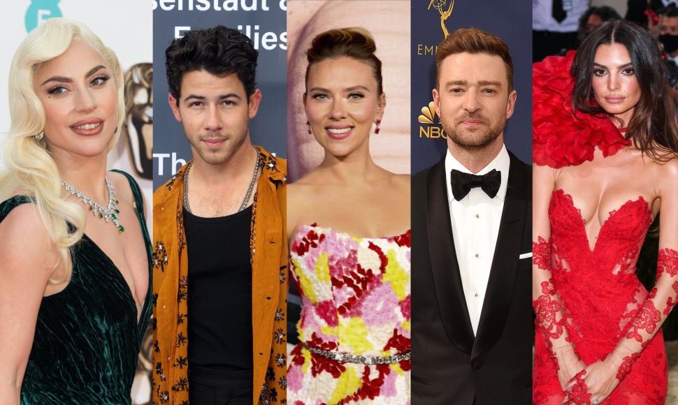 Lady Gaga, Nickas Jonas, Scarlett Johansson, Justinas Timberlake'as, Emily Ratajkowski 