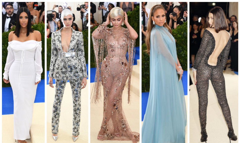 „Met Gala“ viešnios (iš kairės): Kim Kardashian, Cara Delevingne, Kylie Jenner, Jennifer Lopez ir Bella Hadid