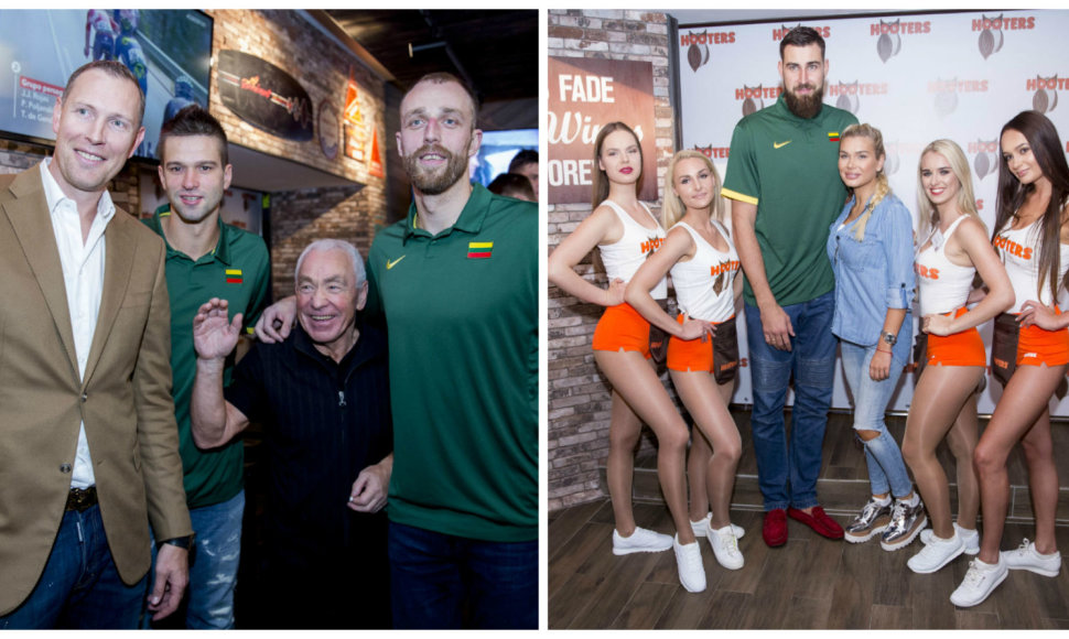 Darius Songaila, Mantas Kalnietis, Juozas Petkevičius, Artūras Milaknis, Jonas ir Eglė Valančiūnai su  baro „Hooters“ merginomis