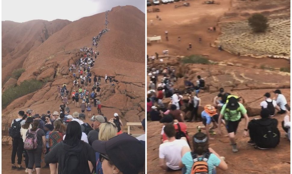 Likus kelioms savaitėms iki Uluru uždarymo, žmonės stovi kilometro ilgio eilėse