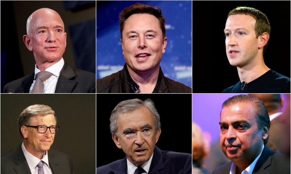 Jeffas Bezosas, Elonas Muskas, Markas Zuckerbergas, Billas Gatesas, Bernard'as Arnault, Mukeshas Ambani
