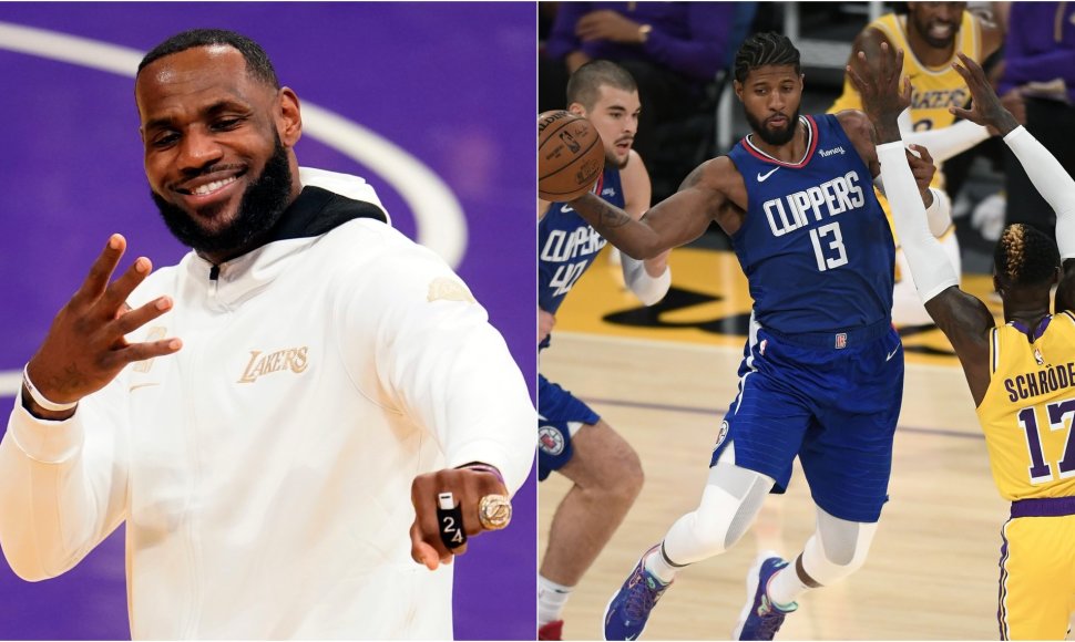 LeBronas Jamesas atsiėmė čempiono žiedą, bet gavo antausį nuo Paulo George'o ir „Clippers“