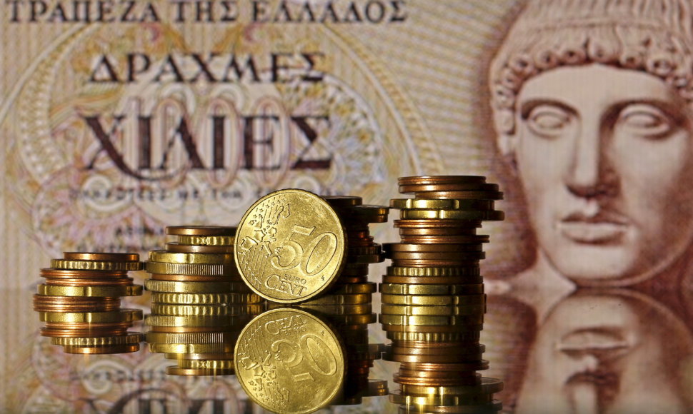Graikijos drachmos banknotas ir euro monetos