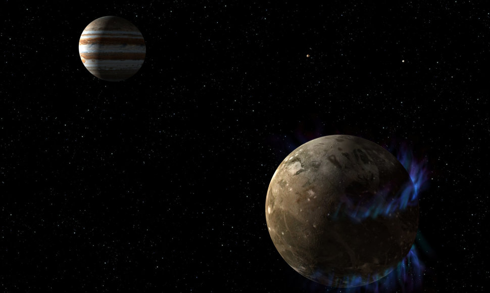 Šiaurės pašvaistė Jupiterio palydove Ganimede menininko akimis