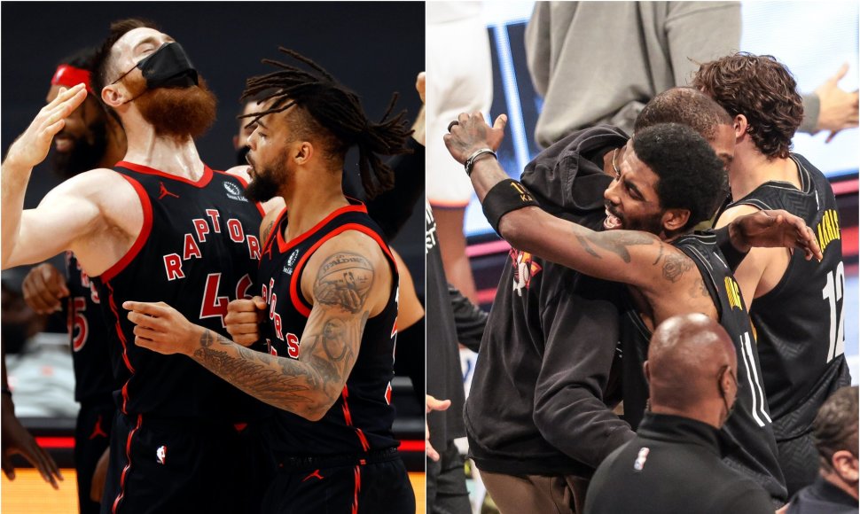 „Raptors“ (kairėje) ir „Nets“ krepšininkų džiaugsmas po dramatiškų pergalių