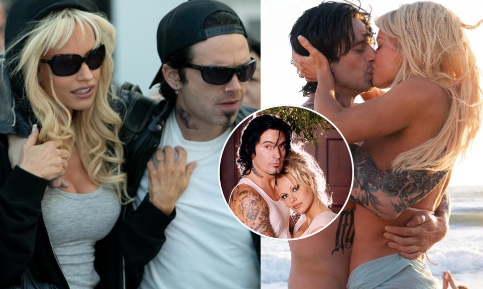 Kadrai iš serialo „Pam & Tommy“ bei tikrieji Pamela Anderson ir Tommy Lee