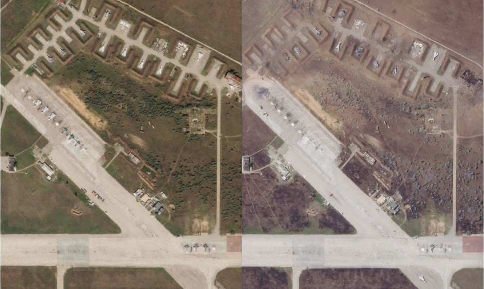 Sakų karinė aviacijos bazė Kryme prieš ir po sprogimo