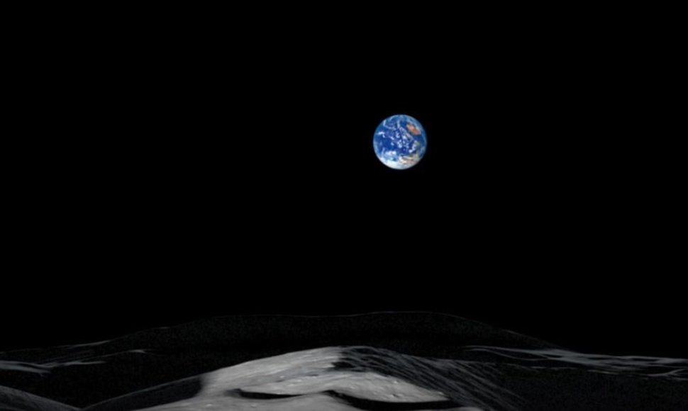 Iliustruotas Žemės vaizdas iš pietinio Mėnulio ašigalio