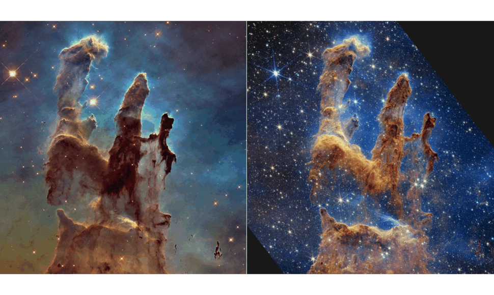 Kūrimo stulpai: kairėje užfiksuoti „Hubble“ teleskopu, dešinėje - Jameso Webbo kosminiu teleskopu