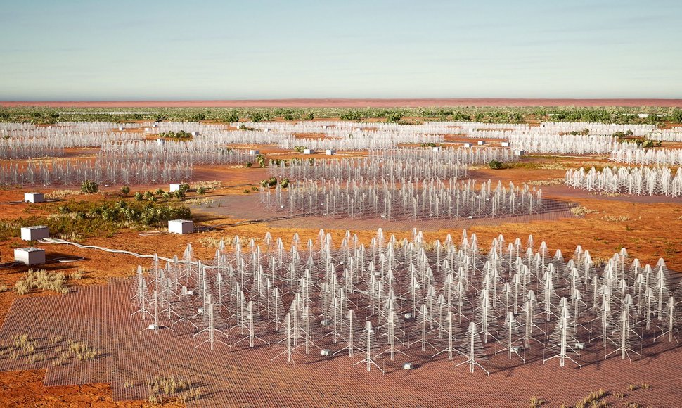 2022 m. gruodžio 5 d. Australijos pramonės, mokslo ir išteklių departamento išplatintame lankstinuke pavaizduotos žemo dažnio stotys, sudarančios Vakarų Australijoje statomą radijo teleskopą „Square Kilometre Array“ (SKA). 