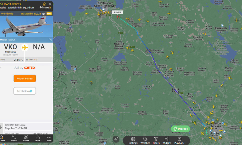 V.Putino lėktuvas pakeliui į Sankt Peterburgą / Ekrano nuotr. 