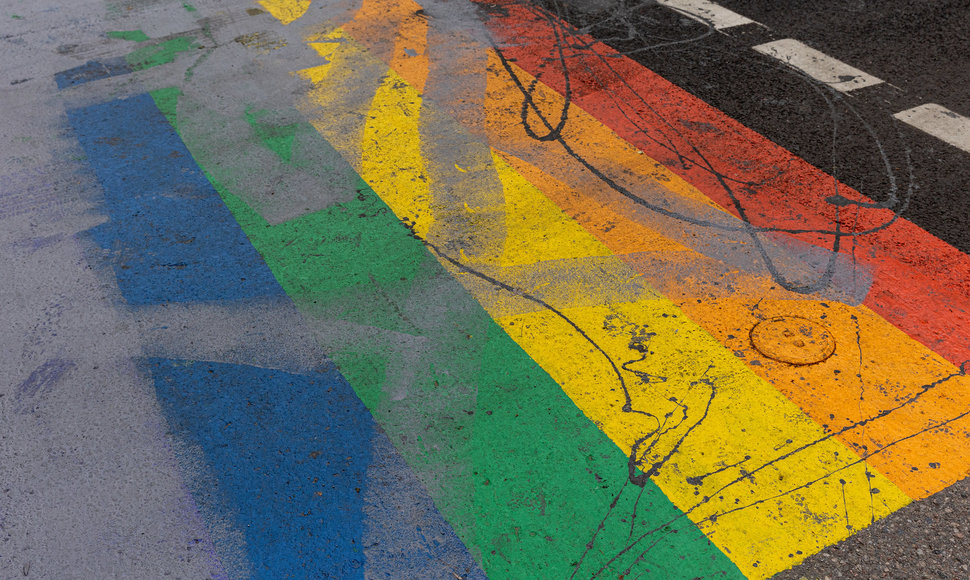 Dažais apipilta vaivorykštės spalvų perėja esanti Pylimo gatvėje