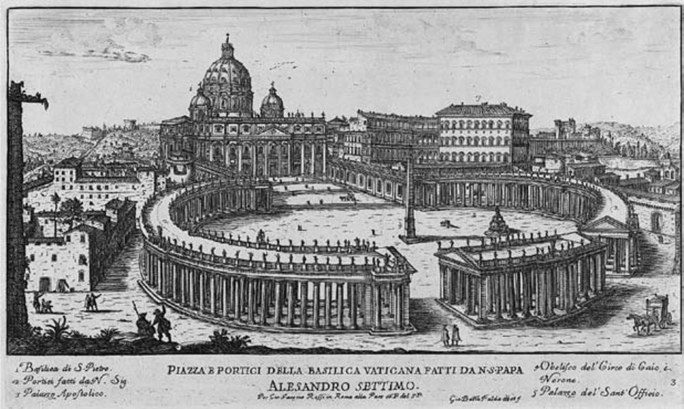 Gian Lorenzo Berninio suprojektuota uždara šv. Petro aikštė (Giovanni Battista Falda, Il nuovo teatro delle fabriche, Romae G.Giacomo Rossi, 1665)