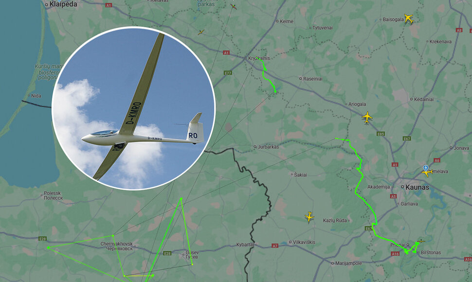 Sklandytuvas ir skrydžio trajektorija skrydžių sekimo puslapyje flightradar24.com. Gamintojų nuotrauka ir 15min koliažas