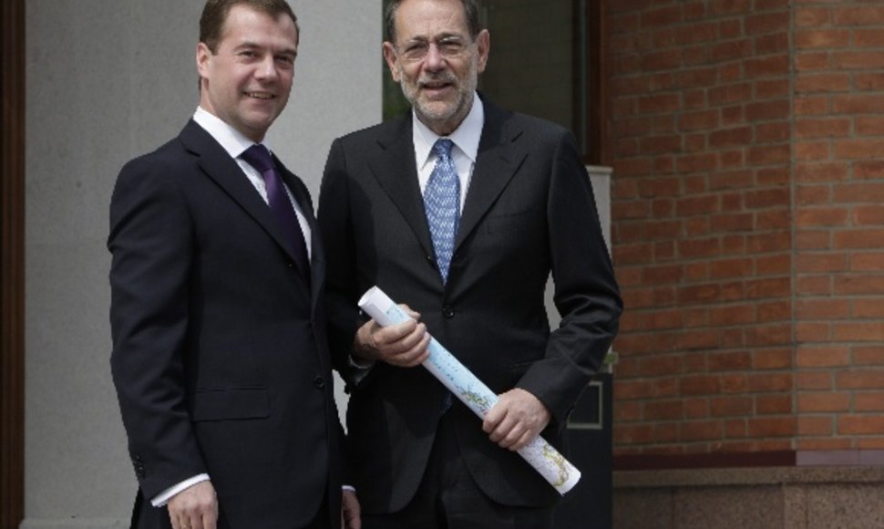 ES užsienio politikos vadovas Javieras Solana ir Rusijos prezidentas Dmitrijus Medvedevas Chabarovske prieš susitikimą