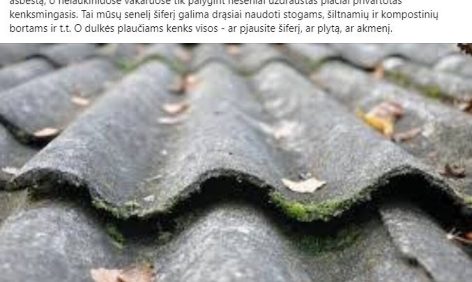 Žinutė, kurioje tvirtinama, kad asbestinio šiferio uždraudimas yra apgaulė