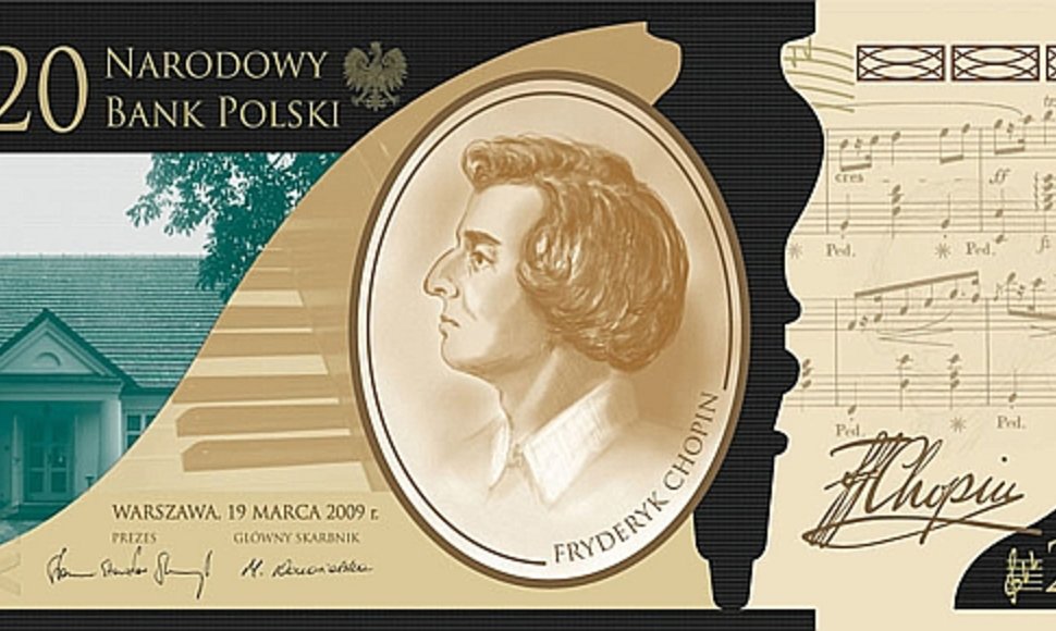 20 zlotų banknotas Fryderyko Chopino dviejų šimtų metų gimimo sukakties paminėjimui (aversas)