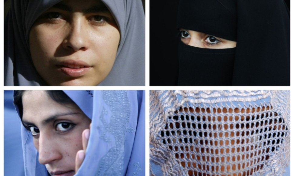 Musulmonių apdarai: hidžabas (kairėje viršuje), nikabas (dešinėje viršuje), čadra (kairėje apačioje) ir burka