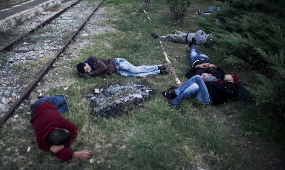 Nelegalūs migrantai miega ant žemės perėję Turkijos ir Graikijos sieną.
