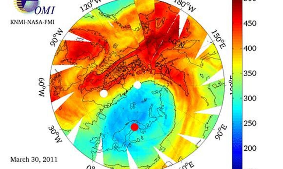 Suomijos meteorologijos instituto pateiktoje diagramoje matyti, kad Lietuva patenka į didžiausios ozono skylės zoną.