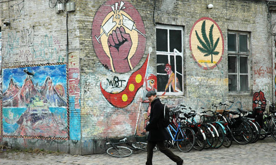 Piešinys ant pastato sienos, demonstruojantis kristianitų poziją - jokių sunkių narkotikų, tegyvuoja „žolė"