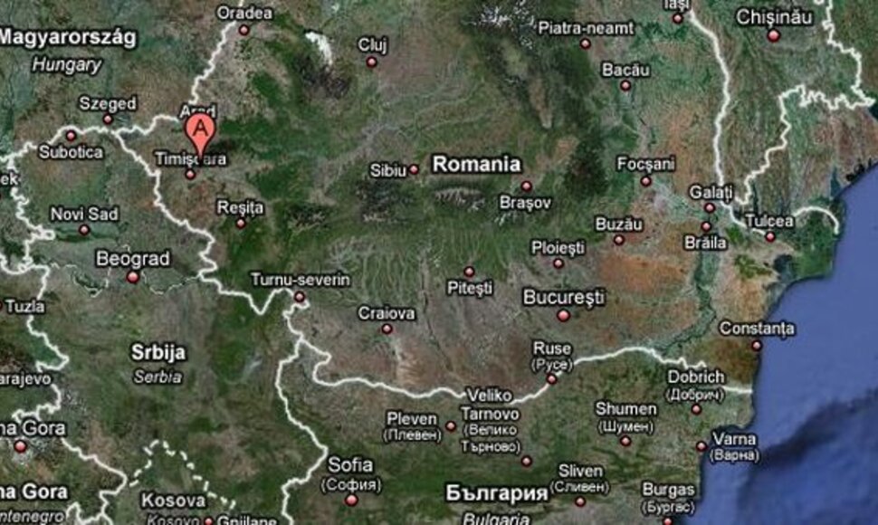 Žemėlapyje pažymėtas Timišoaros tarptautinis oro uostas.