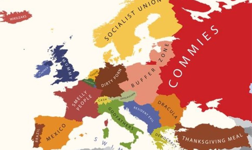 Taip atrodo Europos žemėlapis, sudarytas pagal JAV gyventojų turimus stereotipus