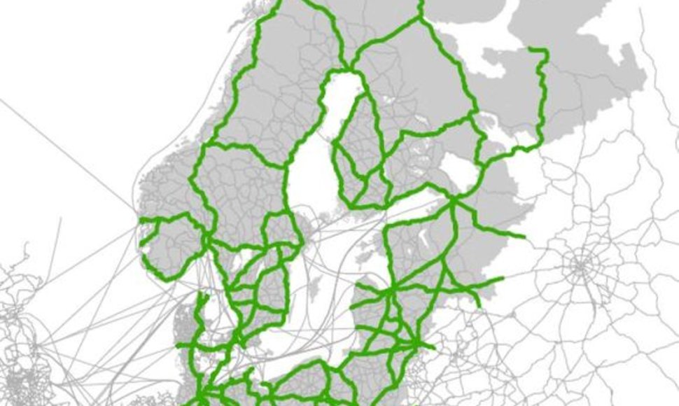 Baltijos jūros regiono transporto tinklas, pagal išankstinę Baltic Transport Outlook 2030 (http://www.baltictransportoutlook.eu/) studiją. Žaliai pažymėti automobilių greitkeliai ir svarbesnės magistralės.