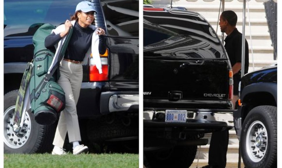 M.Barnes ir B.Obama prieš golfo partiją – prezidentas pirmą kartą žaidė su moterimi.