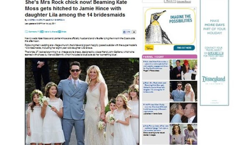 Kate Moss ir Jamie'io Hince vestuvės britų žiniasklaidoje