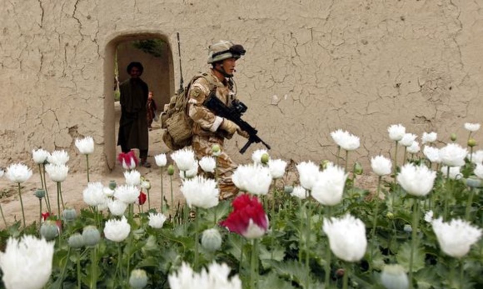 Afganistanietis stebi britų karį.