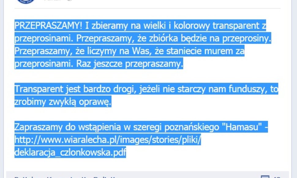 Poznanės „Lech“ sirgaliai atsiprašo ir kviečia į Poznanės „Hamas“. 