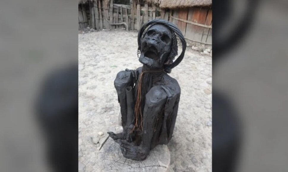 &Scaron;iuolaikinė dūmais džiovinta mumija i&scaron; Dani tautos, Papua (Indonezija). 