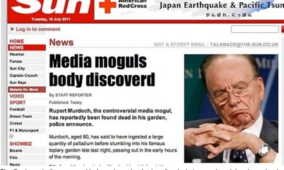 Įsilaužėliai „The Sun“ svetainėje paskelbė, kad R.Murdochas negyvas.