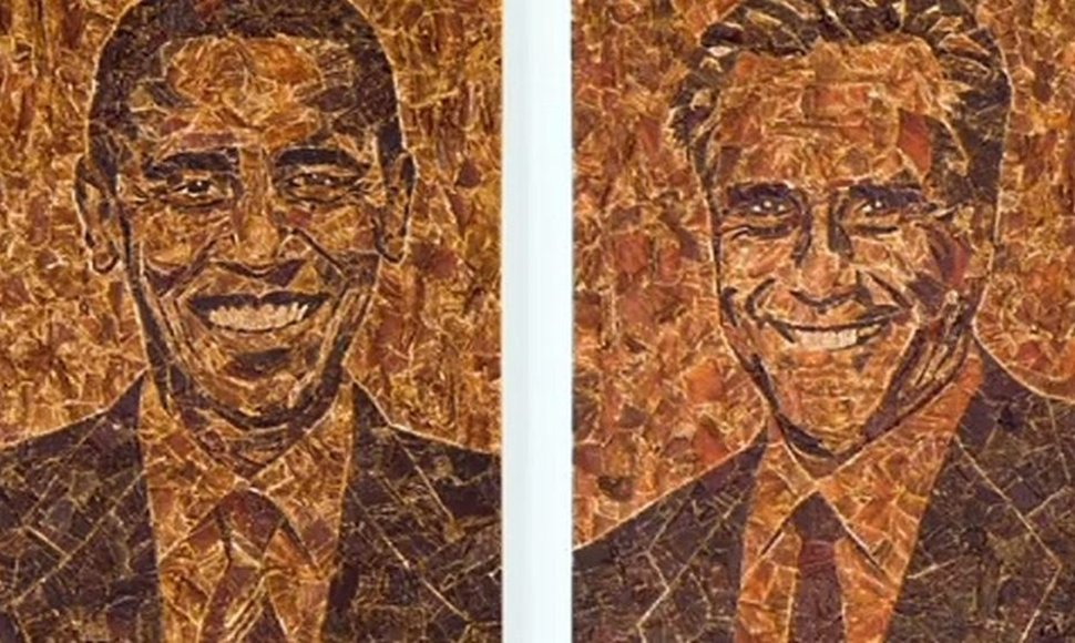 Baracko Obamos ir Mitto Romney portretai iš mėsos