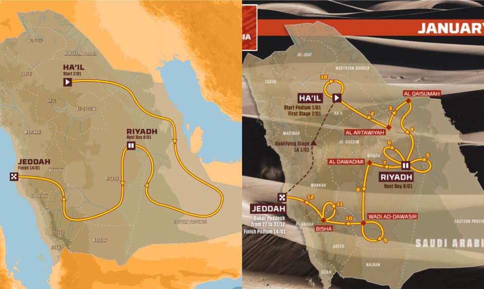 Preliminari ir oficiali Dakaro 2022 m. trasa