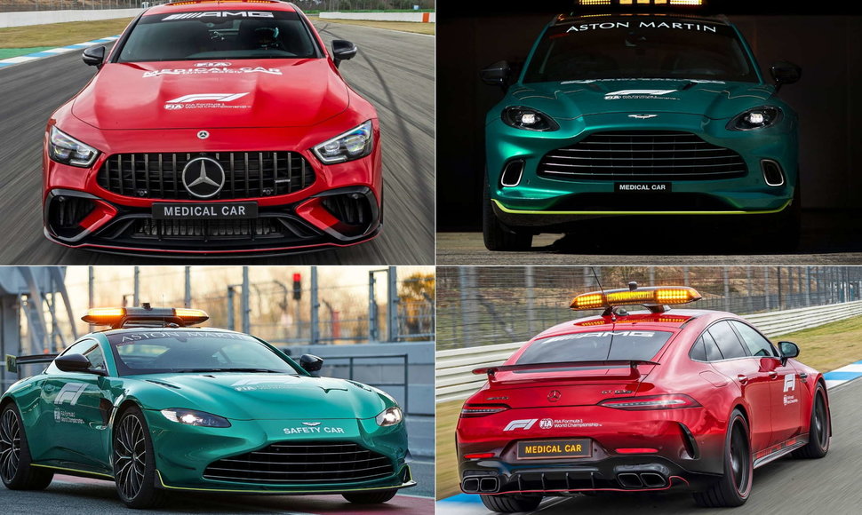 Mercedes Benz AMG ir Aston Martin F1 saugos automobiliai 