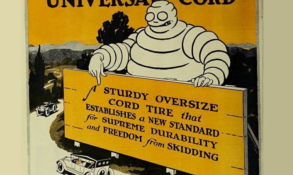 Michelin reklama laikraštyje 1920 metais. Sunku įžiūrėti, bet Bibendumo lūpose – cigaras (Internet Archive Book Images, Wikimedia)