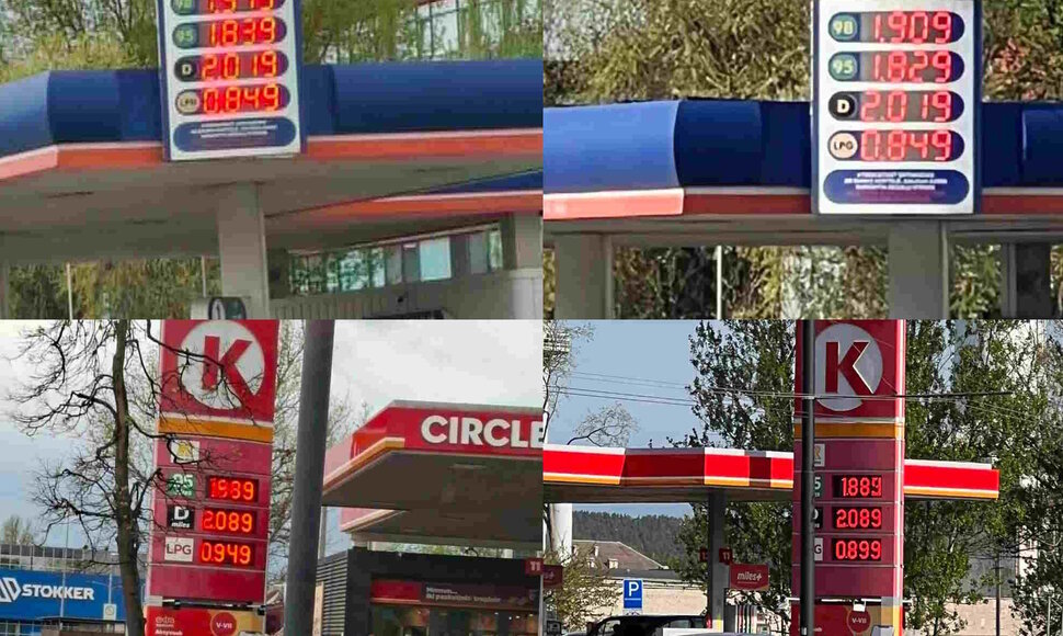 Degalų kainos gegužės 4 ir 5 d. Vilniuje Circle K ir Baltic Petroleum degalinėse Savanorių pr.