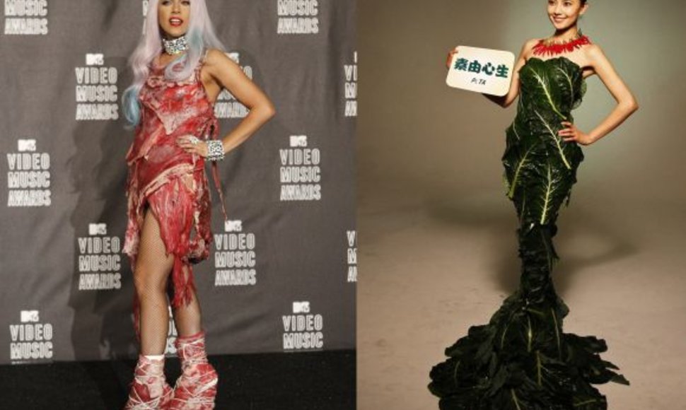 Aktorė Gao Yuanyuan vegetariškoje reklamoje ir Lady Gaga su mėsos apdaru