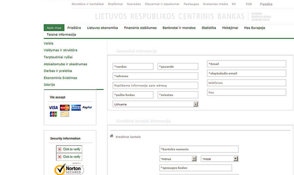 Suklastota Lietuvos banko svetainė