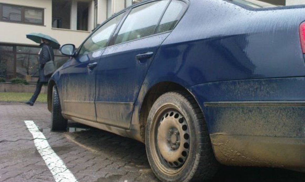 Prie Seimo stovėjusio automobilio nepagražino net lietus.