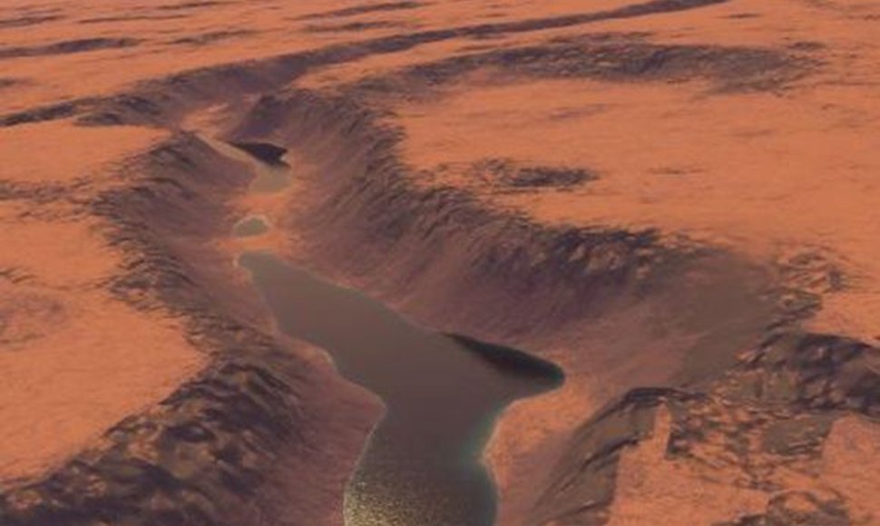 Šipoje nuotraukoje matyti mokslininkų atlikta rekonstrukcija, kaip galėjo atrodyti ežeras Marse. 
