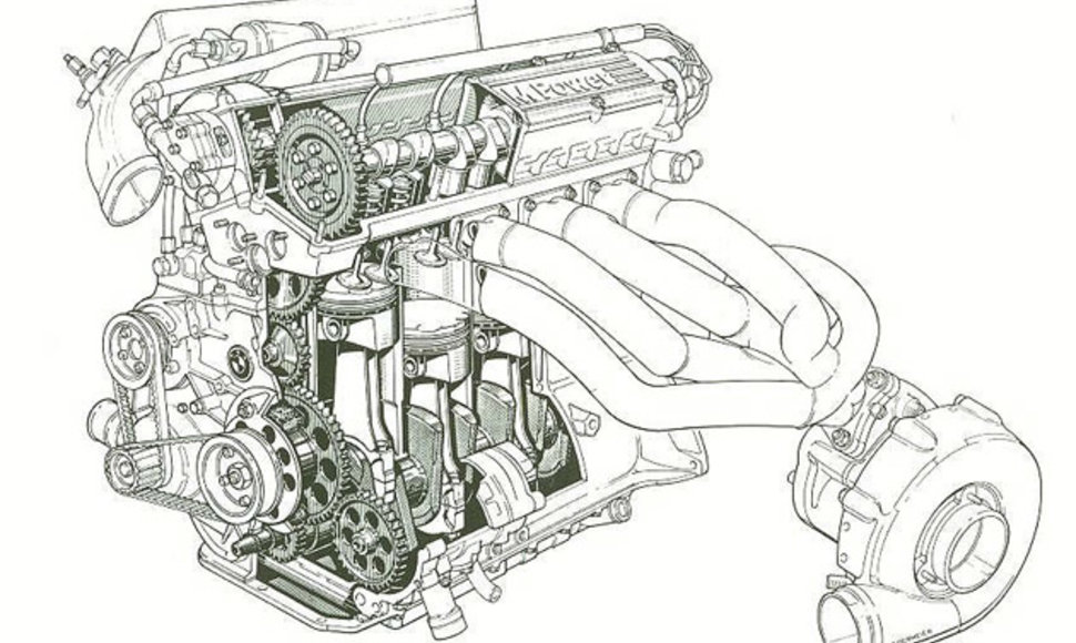 BMW keturių cilindrų variklis su turbina.