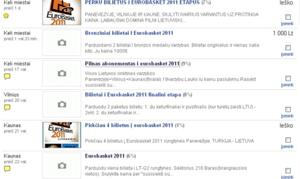 Internetiniuose skelbimų portaluose netrūksta pasiūlymų pirkti ir parduoti „Eurobasket 2011“ bilietus.