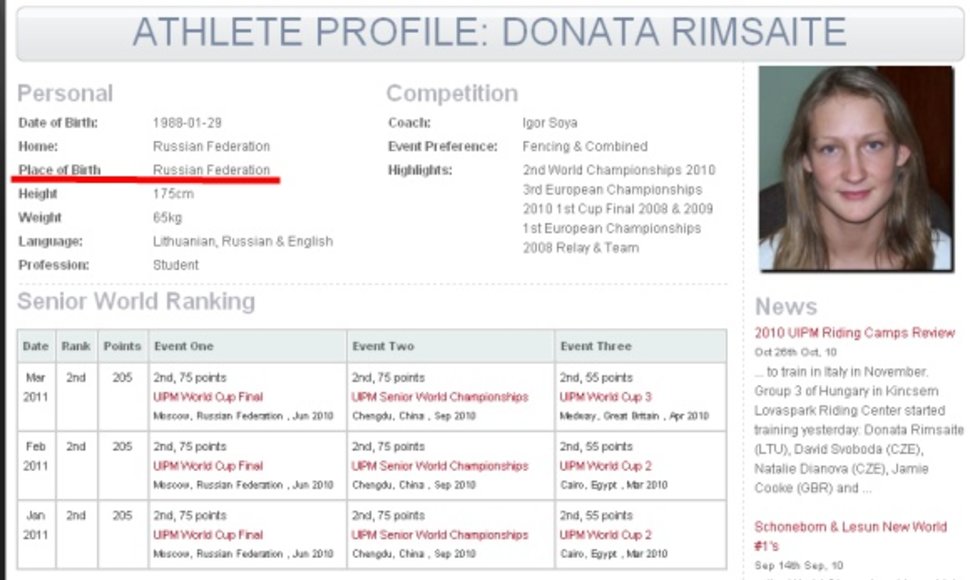 Oficialioje UIPM svetainėje internete Pentathlon.org skelbiama, jog 23 metų D.Rimšaitė gimė Rusijos federacijoje