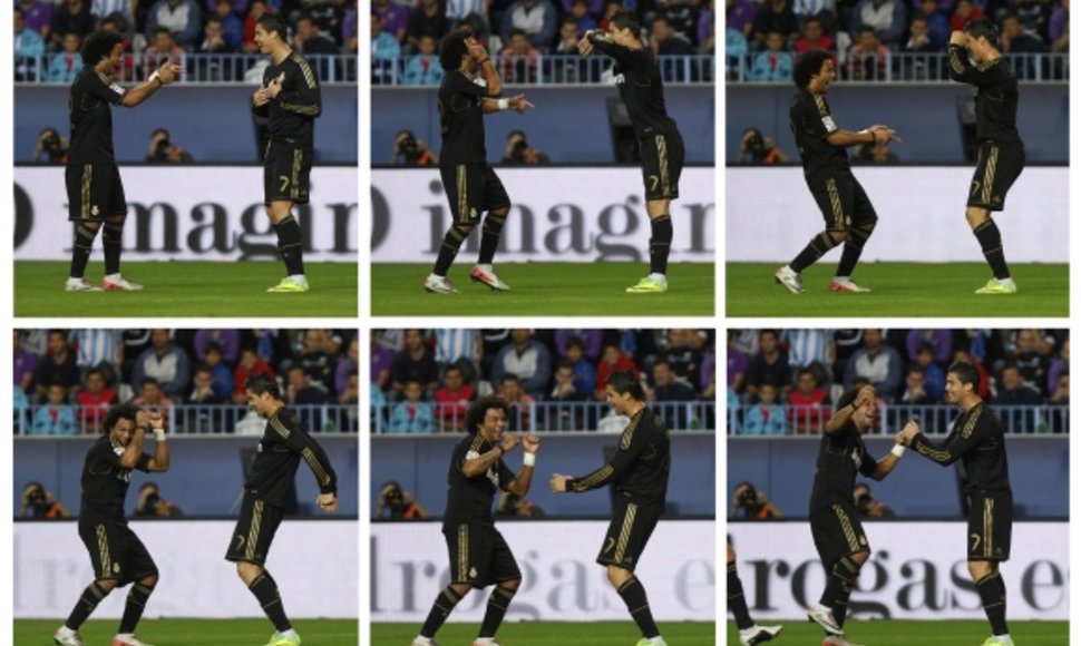 Marcelo sveikina tris įvarčius pelniusį „Real“ lyderį Cristiano Ronaldo.